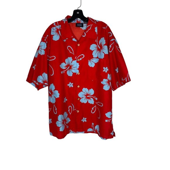 VINTAGE Y2K ANCHOR BLUE MEN'S BOLD RED HAWAIIAN BUTTON-DOWN SS SHIRT SZ XL - Picture 1 of 4